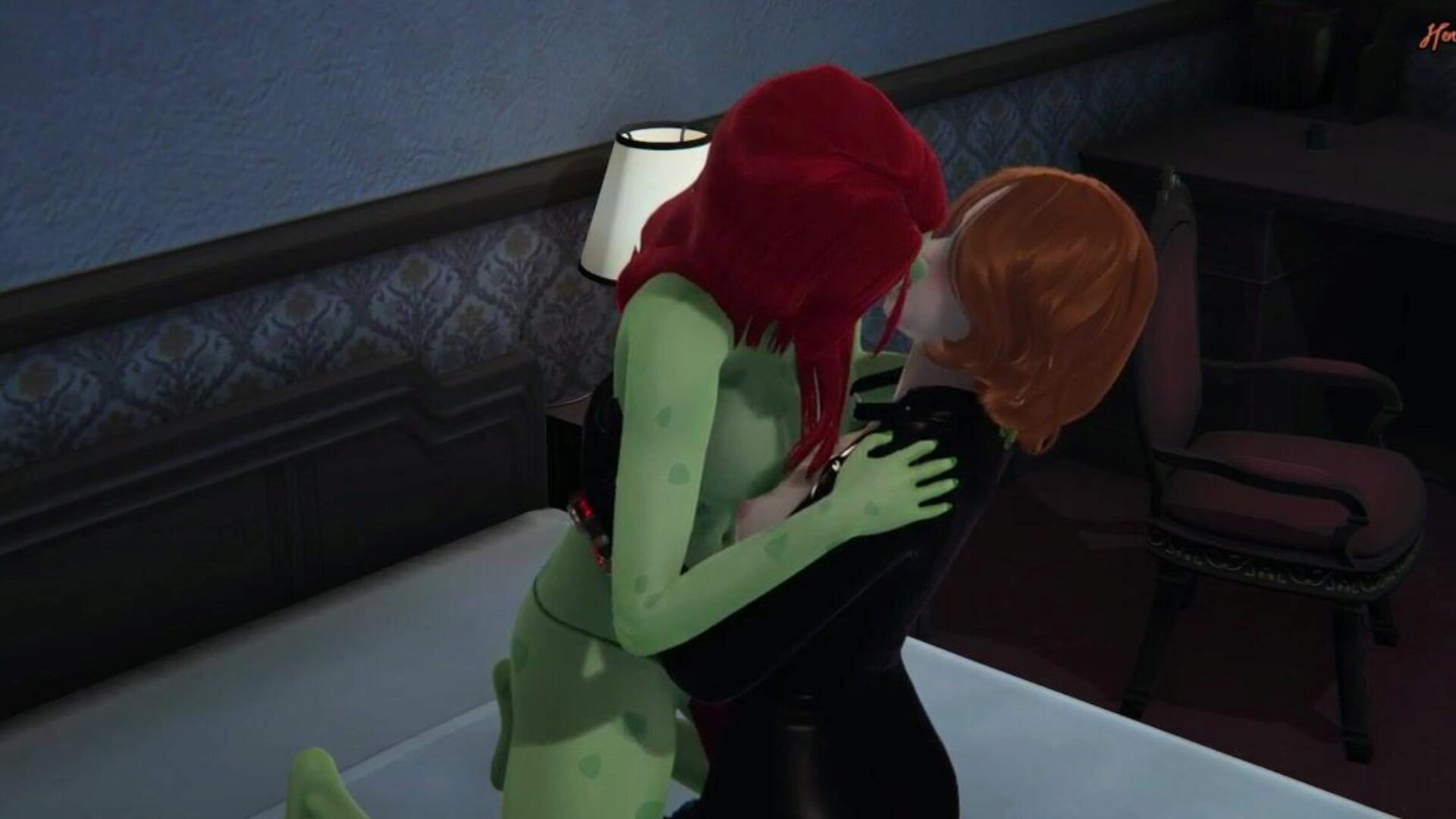 Poison Ivy bonks Black Widow with a orgy toy until this babe jizzes