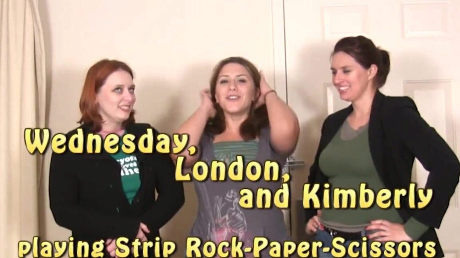 three Busty Girls Play Strip Rock-Paper-Scissors Watch as one chunk of garments comes off those three girls Wednesday, London, and Kimberly one fail after some other Alast, all three are standing there displaying off their huge boobs