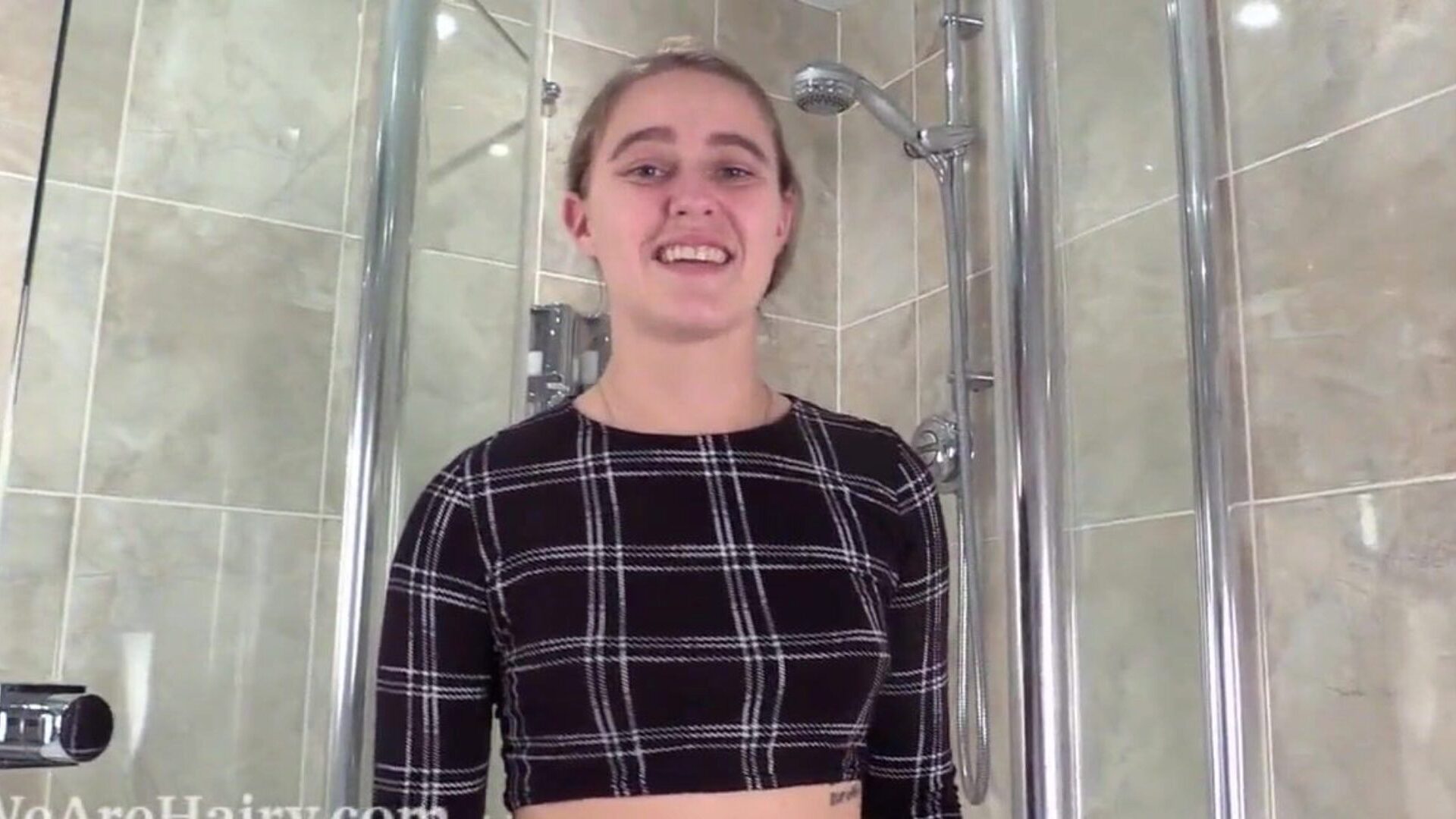 Bubsy Lou luvs a nice-looking wet shower Bubsy Lou poses by her glass bathroom in her afro top and denim shorts She wets down her figure including her very hirsute pits and slit She finds a spot to get her bus wetting wet and is outstanding to see