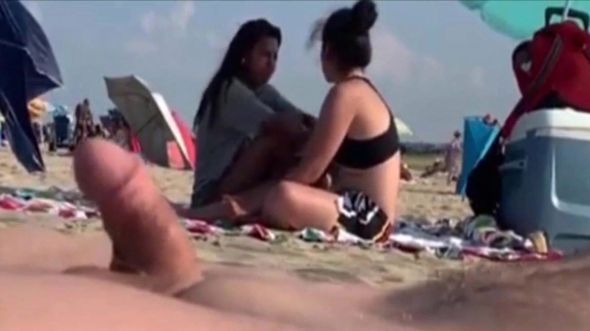 Two girls are eyeing my man rod on a public beach Two gals attending me to my knob let them go..